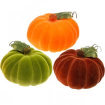 Itens Deco abóbora flocada mix laranja, verde, vermelho decoração de outono 16cm 3pcs