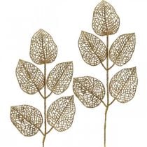 Plantas artificiais, decoração de galhos, glitter dourado folha deco L36cm 10p