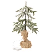 Itens Planta artificial com neve, árvore de Natal LED em saco de juta, funciona a pilhas, para uso interior, 50 cm