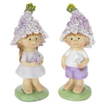 Itens Conjunto de 2 estatuetas decorativas representando um menino e uma menina floristas em tons de lavanda, para sala de estar e jardim, 10 cm de altura.