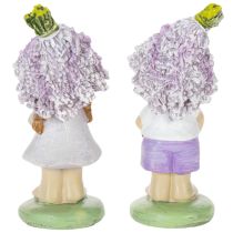 Itens Conjunto de 2 estatuetas decorativas representando um menino e uma menina floristas em tons de lavanda, para sala de estar e jardim, 10 cm de altura.