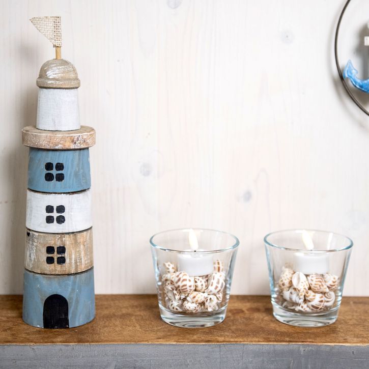Farol de Madeira Marítimo Deco Azul Branco A 30,5cm