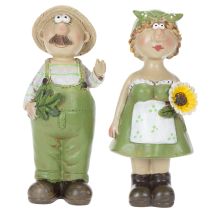 Itens Conjunto de 2 estatuetas decorativas representando um casal de agricultores, perfeitas para decorar a sala de estar e ambientes internos no verão. 17 cm de altura.