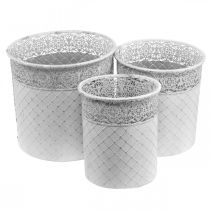 Itens Vaso de plantas com padrão rendado, recipiente de metal, balde decorativo branco, prata shabby chic H28/25,5/23,5 cm Ø29,5/25,5/20 cm conjunto de 3