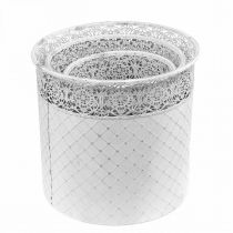 Itens Vaso de plantas com padrão rendado, recipiente de metal, balde decorativo branco, prata shabby chic H28/25,5/23,5 cm Ø29,5/25,5/20 cm conjunto de 3