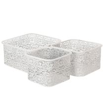 Itens Conjunto de 3 tigelas de metal com padrão de renda, recipientes decorativos quadrados, estilo shabby chic, brancas, 27/23/19 cm, altura 13,5 cm.