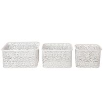 Itens Conjunto de 3 tigelas de metal com padrão de renda, recipientes decorativos quadrados, estilo shabby chic, brancas, 27/23/19 cm, altura 13,5 cm.