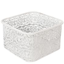 Itens Conjunto de 3 tigelas de metal com padrão de renda, recipientes decorativos quadrados, estilo shabby chic, brancas, 27/23/19 cm, altura 13,5 cm.