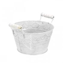 Itens Tigela decorativa para plantar, vaso com cabos de madeira, decoração em metal branco, prata Ø16,5cm A12,5cm L20cm