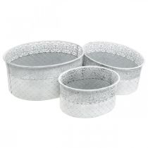 Itens Tigela para plantar, vaso de metal com padrão rendado, vaso decorativo oval branco, prata shabby chic L41,5/35/29,5 cm A19/16/14,5 cm conjunto de 3