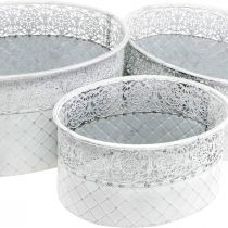 Itens Tigela para plantar, vaso de metal com padrão rendado, vaso decorativo oval branco, prata shabby chic L41,5/35/29,5 cm A19/16/14,5 cm conjunto de 3