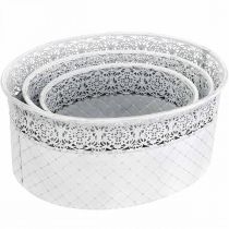Itens Tigela para plantar, vaso de metal com padrão rendado, vaso decorativo oval branco, prata shabby chic L41,5/35/29,5 cm A19/16/14,5 cm conjunto de 3