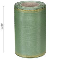 Itens Fita decorativa em moiré verde-sálvia com borda dourada, 150 mm x 25 m, ideal para arranjos florais e guirlandas.