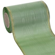 Itens Fita decorativa em moiré verde-sálvia com borda dourada, 150 mm x 25 m, ideal para arranjos florais e guirlandas.