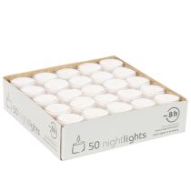 Itens Luzes noturnas tipo tealight brancas em bandeja de plástico, 8 horas de duração, 50 unidades.