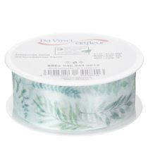 Itens Fita de organza, fita de chiffon, ramos com folhas, verde, 40 mm, 15 m