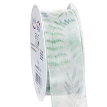 Itens Fita de organza, fita de chiffon, ramos com folhas, verde, 40 mm, 15 m
