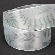 Itens Fita de organza, fita de chiffon, ramos com folhas, verde, 40 mm, 15 m