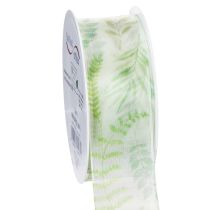 Itens Fita de organza, fita de chiffon, verde com gavinhas de folhas, 40 mm de largura, 15 m de comprimento.