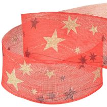 Itens Fita de Natal vermelha com estrelas borda de arame 40mm 15m
