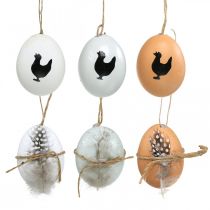 Decorações de páscoa, ovos de galinha para pendurar, ovos decorativos de penas e frango, marrom, azul, branco conjunto de 6