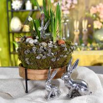 Coelhinho da páscoa sentado figura de coelhinho de prata decoração de mesa páscoa 16,5 cm