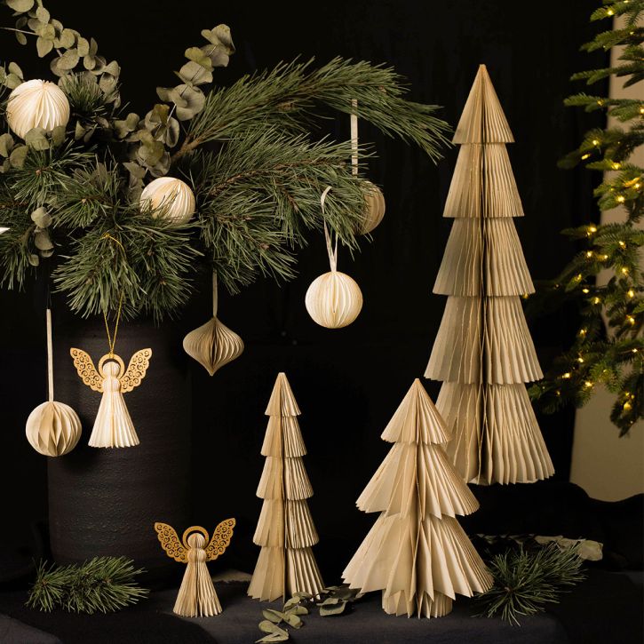 Itens Árvore de Natal de Papel Pequena Creme Dourado Alt.30cm