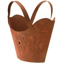 Itens Vaso de metal para plantas, decorativo, com acabamento em ferrugem e alças, 37 cm de altura.