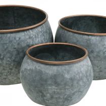 Vaso decorativo, vaso de plantador, vaso de metal prateado, aparência antiga cor cobre H22 / 20,5 / 16,5 cm Ø39 / 30,5 / 25 cm conjunto de 3