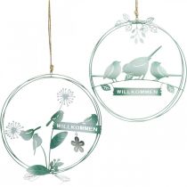 Decoração de pássaros para pendurar, placa de boas-vindas, decoração de metal para primavera, decoração de porta verde, branco Ø27cm conjunto de 2