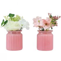 Itens Rosa artificial em vaso de vidro rosa branco Alt.16cm 2 unidades