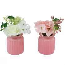 Itens Rosa artificial em vaso de vidro rosa branco Alt.16cm 2 unidades