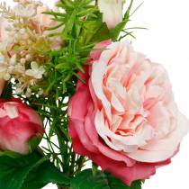 Buquê de rosas artificiais em um ramo de buquê de flores de seda rosa