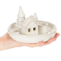 Itens Castiçal decorativo de cerâmica com casa e árvores, 16 cm