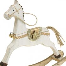 Cavalo de balanço de madeira, decoração de Natal Branco Dourado H18cm