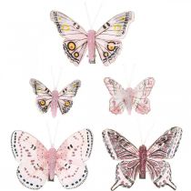 Borboletas Deco com clipe, borboletas de penas rosa 4,5-8cm 10p