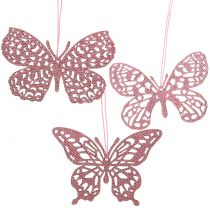 Decoração pendurada borboleta rosa glitter 10cm 6 unidades