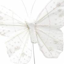 Borboleta de pena em fio branco com glitter 10cm 12pcs