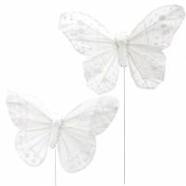 Borboleta de pena em fio branco com glitter 10cm 12pcs