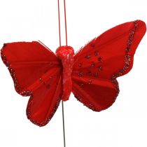 Primavera, borboletas de penas com mica, borboleta deco vermelho, laranja, rosa, violeta 4×6,5cm 24pcs
