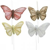 Borboletas com mica, decoração de casamento, plugues decorativos, borboleta de penas amarela, bege, rosa, branca 9,5×12,5cm 12pcs