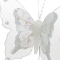 Borboletas com pérolas e mica, decorações de casamento, borboletas de penas em fios brancos