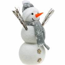 Boneco de neve com lenço e chapéu branco, cinza decoração figura decoração de inverno
