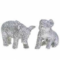 Deco pig véspera de ano novo deco prata glitter 3,5 cm 2 unidades