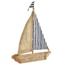 Barco à vela decorativo com vela azul e branca e juta Alt.42cm
