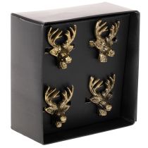 Itens Porta-guardanapo de metal com cabeça de veado em acabamento dourado, 6 cm, conjunto com 4 peças.