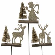 Deco plug renas e anjo com abeto madeira brilhante ouro H45cm 3uds