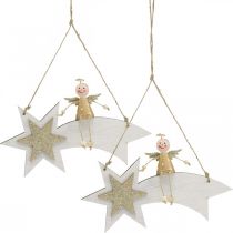 Anjo na estrela cadente, decoração de Natal para pendurar, Advent White, Golden H13cm L21,5cm 2pcs