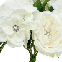 Bouquet decorativo branco com pérolas e strass 29cm