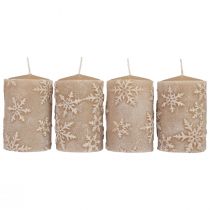 Velas pilares velas bege flocos de neve 100/65mm 4 unidades